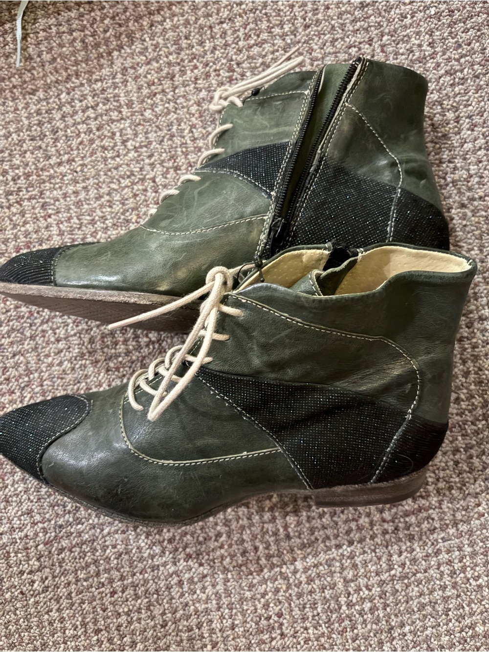 Olive Green Leather Lace-Up Ankle Booties with Black Accent